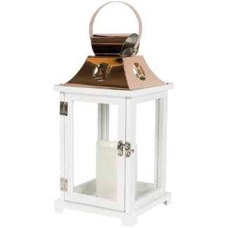 Lantern: 13" C57419 White wood w/Copper Top & LED Candle