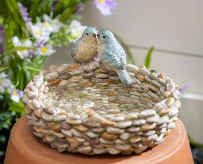 Pebble Resin 9\" Birdbath nest with Birds