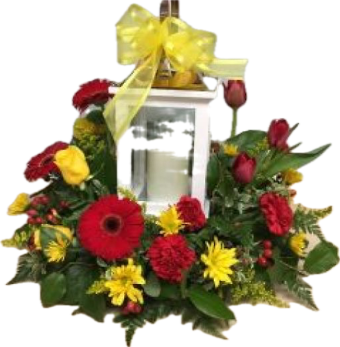 Lantern with Candle, Red & Yellow Flowers
