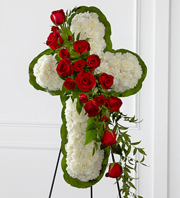 Cross: Floral Cross on easel with red rose theme