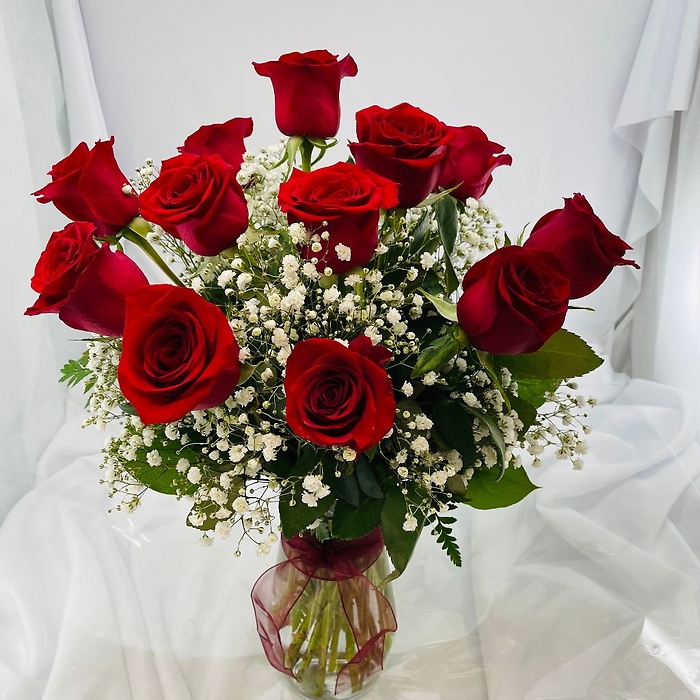 Rose: Red Roses  with Babies Breath